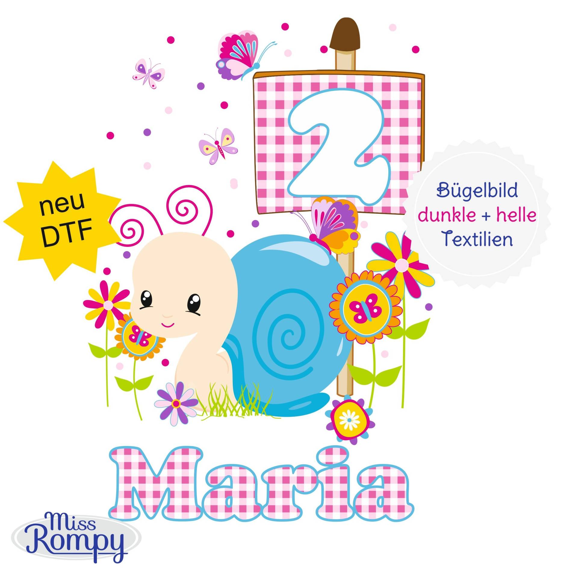 Missrompy | Schnecke, | 832, Geburtstagsbügelbild, Name, Zahl, 3 Größen, Aufbügeln, Bügelbild, Aufbügler, Applikation, Bügelsticker von MissRompy