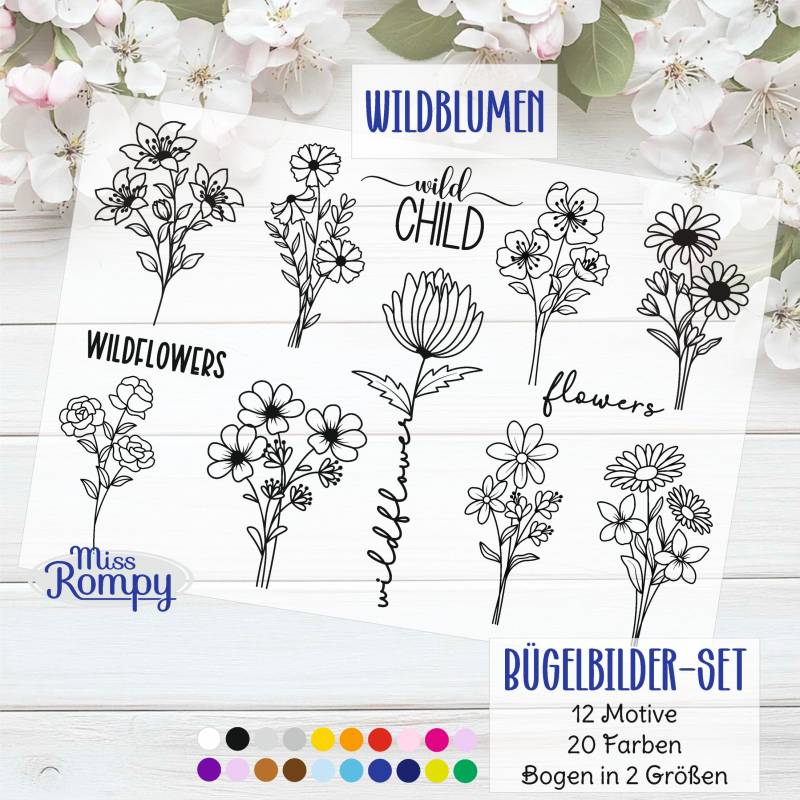 Missrompy | Wildblumen, | 029, Bügelbilder, Einfarbige Motive, Blumenwiese, Blüten, Blume Zum Aufbügeln, Bügelbild, Aufbügler, Applikation von MissRompy