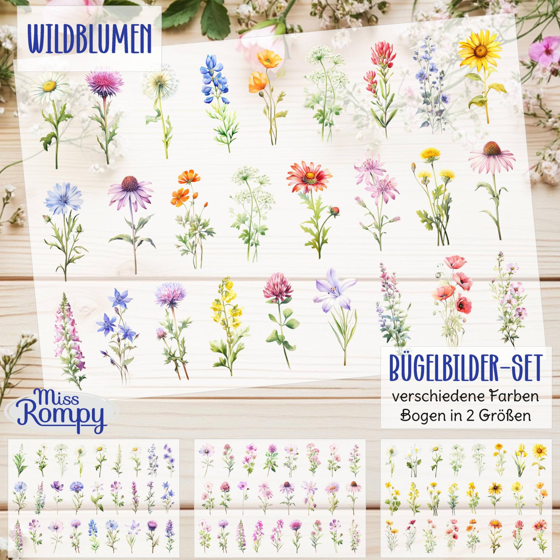 Wildblumen, | 35-W, Bügelbilder, Aquarell Motive, Variationen, Blumenwiese, Blüten, Blume Zum Aufbügeln, Bügelbild, Aufbügler, Applikation Wildblumen, | 35-W, Bügelbilder, Aquarell Motive, Variationen, Blumenwiese, Blüten, Blume Zum Aufbügeln, Bügelbild, Aufbügler, Applikation von MissRompy