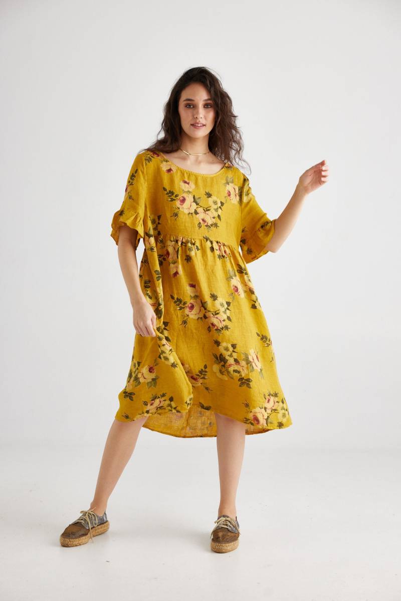 Audrey Babydoll Stil Leinenkleid in Gelb. Hübsches Rosa Bedrucktes Sonnenblumengelb von MissRoseSisterViolet