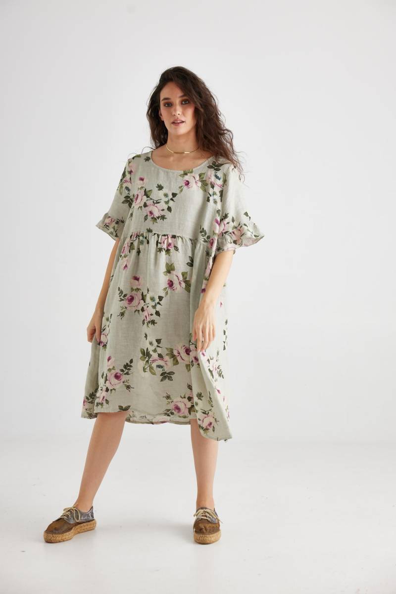 Audrey Babydoll Style Leinenkleid in Hellgrau. Hübsches Rosenbedrucktes Pastellgrauem Rosendruck von MissRoseSisterViolet