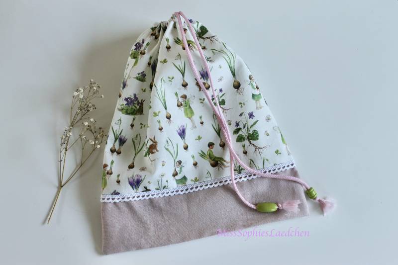 Zugbeutel Kindergartenbeutel Wunschname Personalisierbar Handarbeitsbeutel Kleiner Turnbeutel Daniela Drescher Frühlingselfen von MissSophiesLaedchen