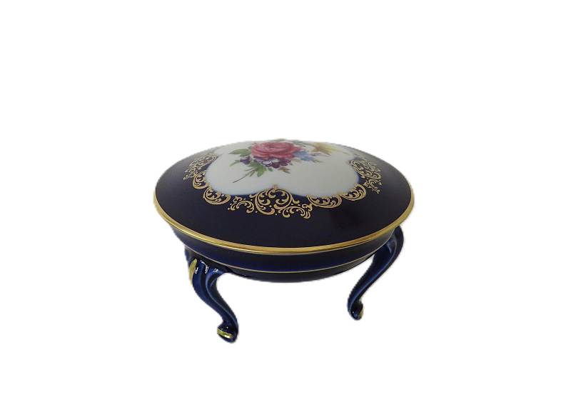 Vintage Schmuckdose Lindner Jeannette Rund Mit Beinen Echt Kobalt Blau/Gold Porzellan Deckeldose Rosendekor von MissTellGeschenke
