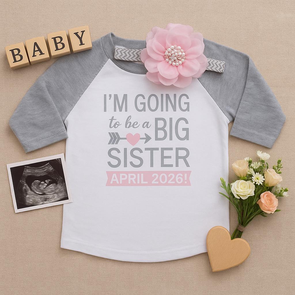 Big Sister, Ich Werde Eine Große Schwester T-Shirts, Neues Sibling Sis Outfit, Schwangerschaftsankündigung, Coming Home Set, Graues Und Rosa Raglan von MissThangs