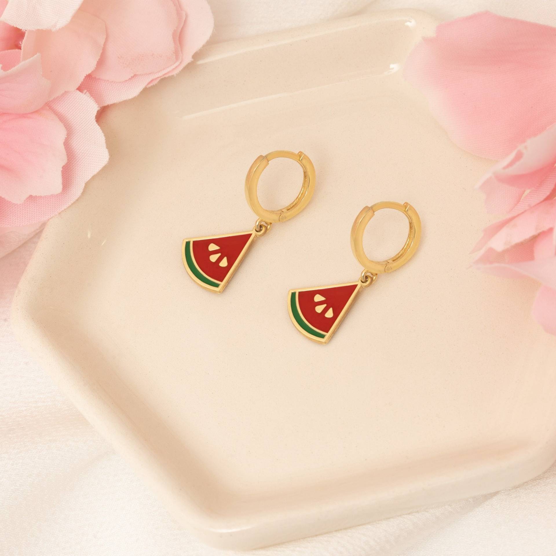 14K Echtgold Wassermelone Hoop Ohrringe - Rote Gold Glücks Ohrring Geschenk Für Kinder Melon Frucht von MissTubiJewellery