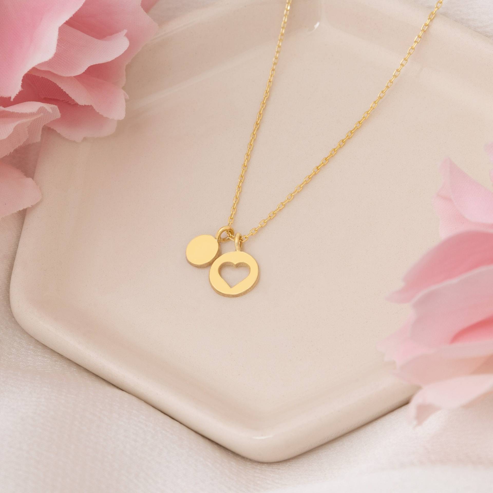 14K Massiv Gold Minimalist Herz Und Münze Halskette - Liebe Geschenk Für Sie Echt Frauen von MissTubiJewellery