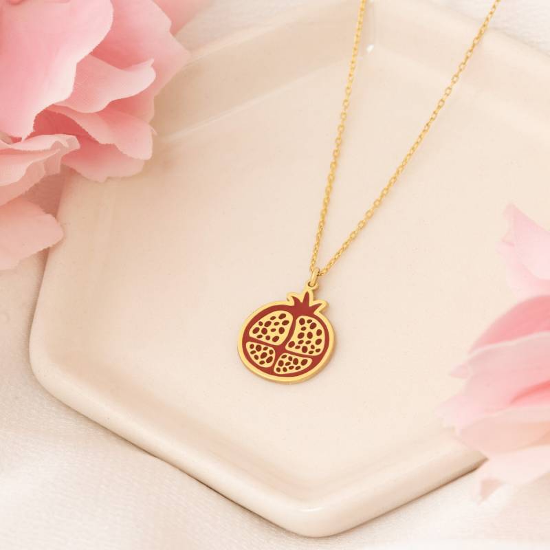 14K Solid Gold Granatapfel Halskette - Echt Emaille Anhänger Weihnachtsschmuck Weihnachtsgeschenke Schmuck von MissTubiJewellery