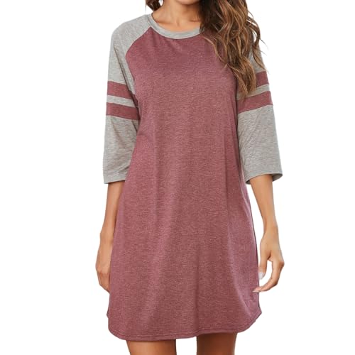 Misscoo 3/4 Ärmel Nachthemd Rundhalsausschnitt Kurzarm Damen Nachthemd Clashing Streifen Schlafhemd Damen Nachtwäsche (Hellrote, XXL) von Misscoo