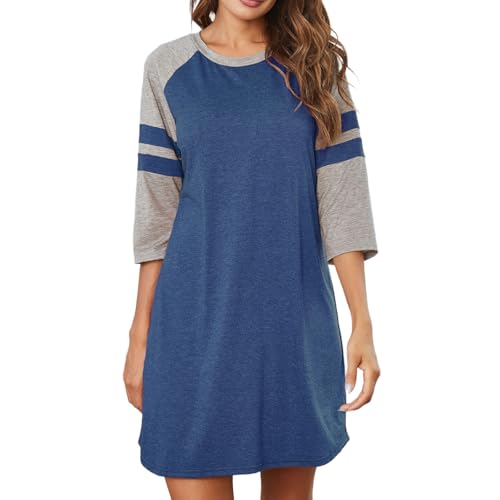 Misscoo 3/4 Ärmel Nachthemd Rundhalsausschnitt Kurzarm Damen Nachthemd Clashing Streifen Schlafhemd Damen Nachtwäsche (Marineblau, M) von Misscoo