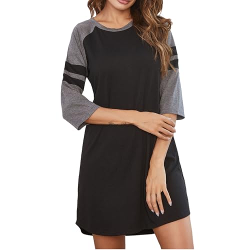Misscoo 3/4 Ärmel Nachthemd Rundhalsausschnitt Kurzarm Damen Nachthemd Clashing Streifen Schlafhemd Damen Nachtwäsche (schwarz, XL) von Misscoo