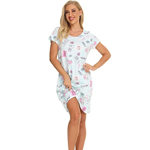 Misscoo Damen Nachthemd Kurzarm, Nachtkleid Damen Baumwolle Schlafshirt Damen Kurzarm Nachtwäsche Damen Lounge Loose Rundhals Damen Pyjama Für Damen Strandkleid Sommer S-XL von Misscoo