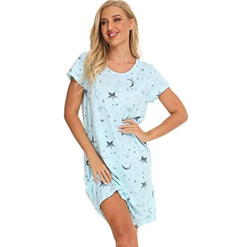 Misscoo Damen Nachthemd Kurzarm, Nachtkleid Damen Baumwolle Schlafshirt Damen Kurzarm Nachtwäsche Damen Lounge Loose Rundhals Damen Pyjama Für Damen Strandkleid Sommer S-XL von Misscoo