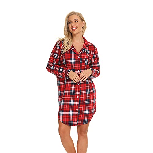 Misscoo Nachthemd Damen Langarm - Schlafhemd Button-Down Frauen Baumwoll Schlafhemd Langarm Nachthemd Flanell Nachthemd Plaid Rot L von Misscoo