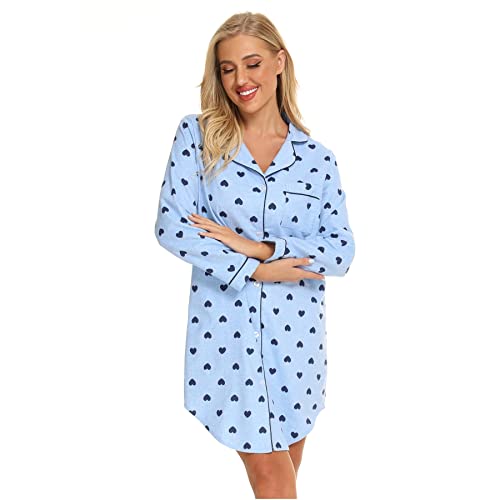 Misscoo Nachthemd Damen Langarm - Schlafhemd Button-Down Frauen Baumwoll Schlafhemd Langarm Nachthemd Flanell Nachthemd Herzform Blau S von Misscoo