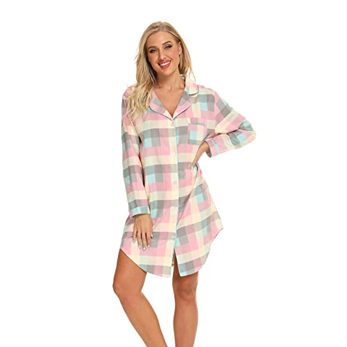 Misscoo Nachthemd Damen Langarm - Schlafhemd Button-Down Frauen Baumwoll Schlafhemd Langarm Nachthemd Flanell Nachthemd Plaid Grün S von Misscoo