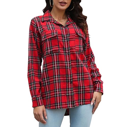 Missdong Damen Bluse Langarm Karo Knöpfen Shirts locker Elegant Lässige Fahion Freizeit Arbeit Frühling Herbst von Missdong