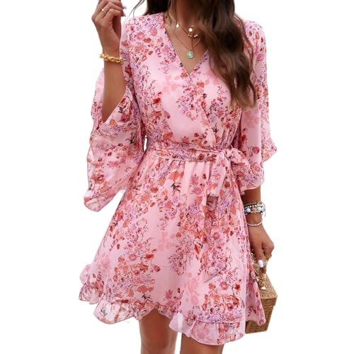 Missdong Damen Sommerkleid V Ausschnitt Rüschen Kurzarm Kleid Mini Kleider mit Gürtel Freizeit Elegant Sommer Beach von Missdong