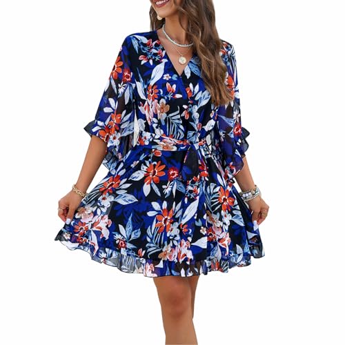 Missdong Damen Sommerkleid V Ausschnitt Rüschen Kurzarm Kleid Mini Kleider mit Gürtel Freizeit Elegant Sommer Beach von Missdong