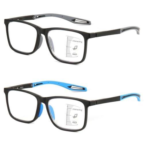 Missfive 2 Pack Sportliche Gleitsichtbrille Herren Gleitsicht Lesebrille Blaulichtfilter Vollrand Multifokale Lesebrille mit Federscharniere (Schwarz&Blau, Nähe-Mittlere Entfernung, 2.5x) von Missfive