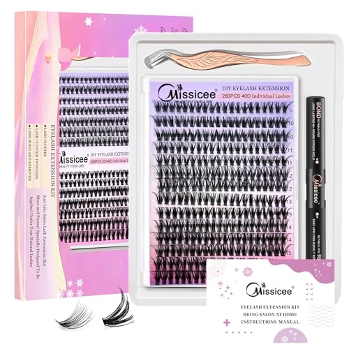 280PCS Wimpern Cluster, Missicee Wimpern Extensions Set Lash Extension Set Mit Wimpernkleber und Remover D Curl Wimpernverlängerung Set Wispy Fluffy Einzelne Wimpern (Mix 9-16mm, 40D Kit) von Missicee