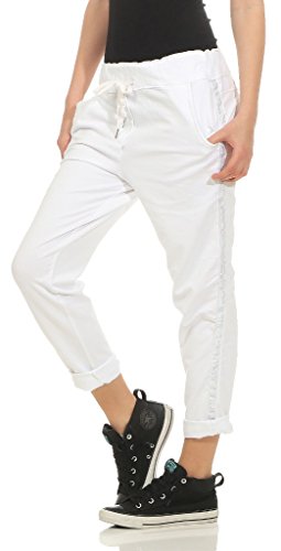 Mississhop 230 Damen Hose Freizeithose Baumwollhose Boyfriend mit Seitlichen Glitzerstreifen Weiß von Mississhop