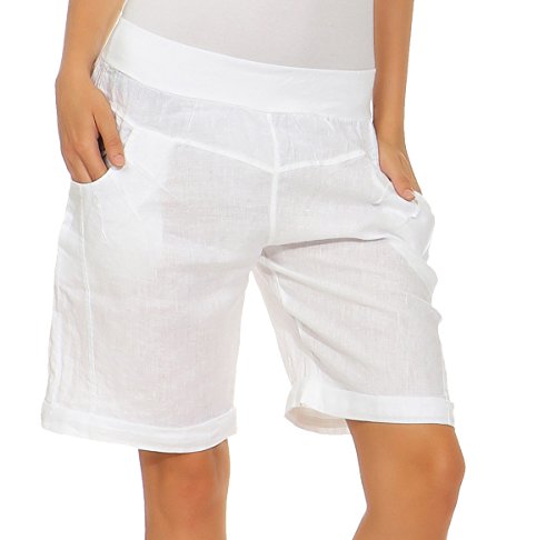 Mississhop 276 Damen Leinenshorts Bermuda lockere Kurze Hose Freizeithose 100% Leinen Shorts Elegante Haremshose mit Knöpfen Sommer Strand Weiß M von Mississhop