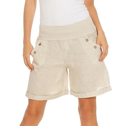 Mississhop 280 Damen Leinenshorts Bermuda lockere Kurze Hose Freizeithose 100% Leinen Shorts mit DREI Knöpfen Sommer Strand Beige L von Mississhop