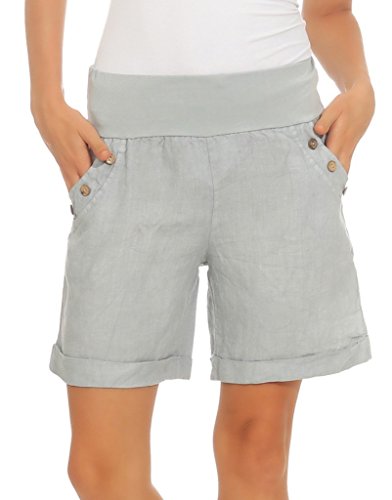 Mississhop 280 Damen Leinenshorts Bermuda lockere Kurze Hose Freizeithose 100% Leinen Shorts mit DREI Knöpfen Sommer Strand Grau XL von Mississhop