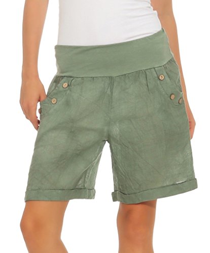 Mississhop 280 Damen Leinenshorts Bermuda lockere Kurze Hose Freizeithose 100% Leinen Shorts mit DREI Knöpfen Sommer Strand Oliv L von Mississhop