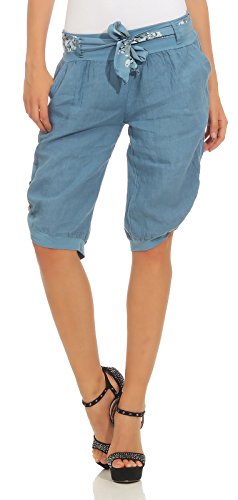 Mississhop 281 Damen Capri 100% Leinen Bermuda lockere Kurze Hose Freizeithose Shorts mit Gürtel und Knöpfen Jeansblau L von Mississhop