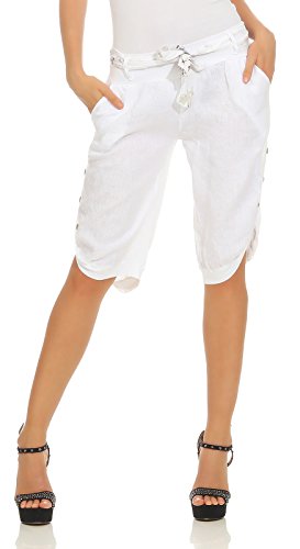 Mississhop 281 Damen Capri 100% Leinen Bermuda lockere Kurze Hose Freizeithose Shorts mit Gürtel und Knöpfen Weiß XL von Mississhop