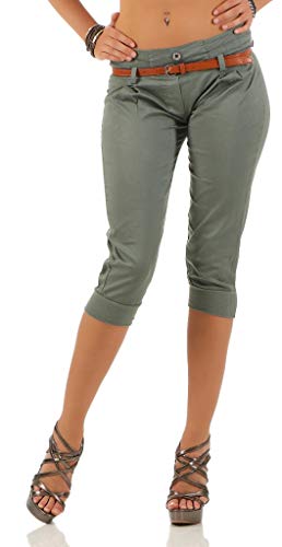 188 Mississhop Damen Capri Chino Hose Sommerhose Stoffhose Chinohose 3/4 mit Gummibund und inkl Gürtel Oliv S von Mississhop