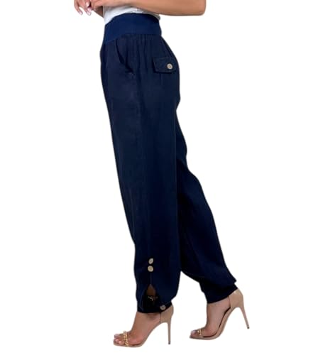 282 Damen Leinenhose lockere Freizeithose Lange 100% Leinen Hose Uni Stoffhose Elegante Haremshose mit Knöpfen einfarbig Dunkelblau XL von Mississhop