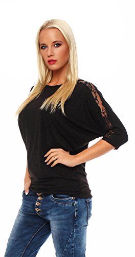 Mississhop 80-11 Damen T Shirt Tunika mit Spitze an Ärmeln Bluse Pulli Tunika Schwarz S von Mississhop