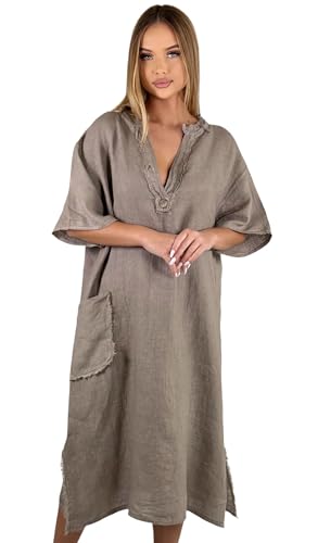 Mississhop 100% Leinen Kleid Damen mit V-Ausschnitt & Tasche 3093 - Leinenkleid Fango von Mississhop