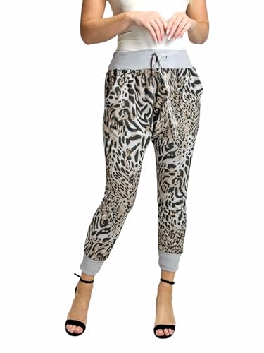 Mississhop 129 Damen Hose Sweatpants Jogginghose Baumwolle Freizeithose Leo Print Tierprint Haremshose mit Gummibund Reißverschluss Hellgrau von Mississhop