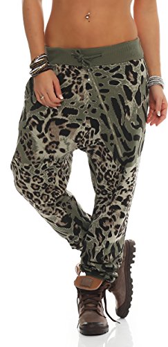 Mississhop 129 Damen Hose Sweatpants Jogginghose Baumwolle Freizeithose Leo Print Tierprint Haremshose mit Gummibund Reißverschluss Oliv von Mississhop