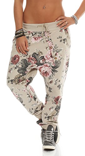 Mississhop 130 Damen Hose Blumen Sweatpants Jogginghose Baumwolle Freizeithose Boyfriend Sporthose Blumenprint Beige von Mississhop