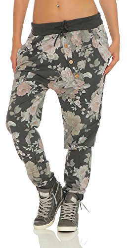 Mississhop 130 Damen Hose Blumen Sweatpants Jogginghose Baumwolle Freizeithose Boyfriend Sporthose Blumenprint Graphit von Mississhop