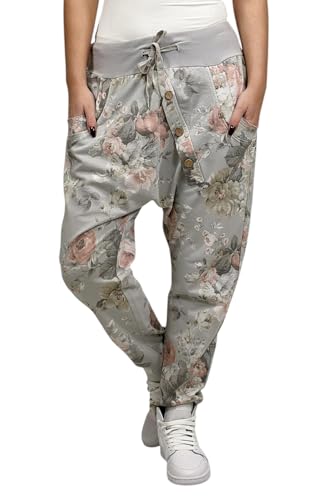 Mississhop 130 Damen Hose Blumen Sweatpants Jogginghose Baumwolle Freizeithose Boyfriend Sporthose Blumenprint Hellgrau von Mississhop