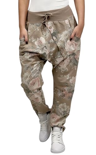 Mississhop 130 Damen Hose Blumen Sweatpants Jogginghose Baumwolle Freizeithose Boyfriend Sporthose Blumenprint Khaki von Mississhop