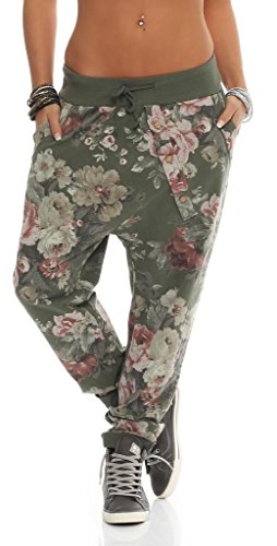 Mississhop 130 Damen Hose Blumen Sweatpants Jogginghose Baumwolle Freizeithose Boyfriend Sporthose Blumenprint Oliv von Mississhop