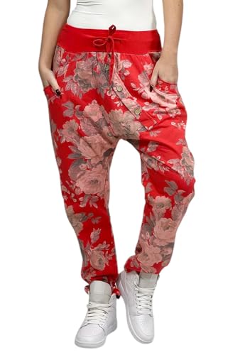 Mississhop 130 Damen Hose Blumen Sweatpants Jogginghose Baumwolle Freizeithose Boyfriend Sporthose Blumenprint Rot von Mississhop