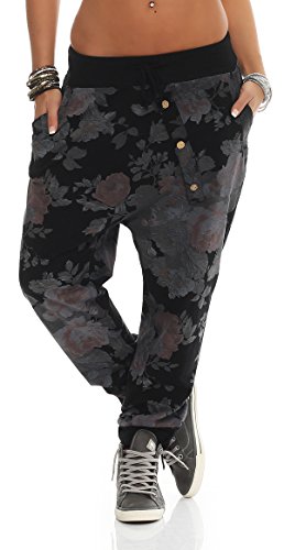 Mississhop 130 Damen Hose Blumen Sweatpants Jogginghose Baumwolle Freizeithose Boyfriend Sporthose Blumenprint Schwarz von Mississhop