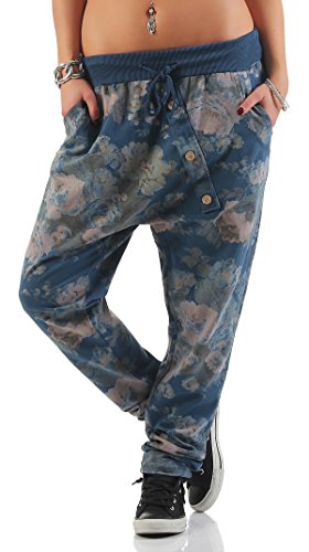 Mississhop 130 Damen Hose Blumen Sweatpants Jogginghose Baumwolle Freizeithose Boyfriend Sporthose Blumenprint Blau von Mississhop