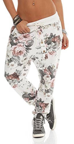 Mississhop 130 Damen Hose Blumen Sweatpants Jogginghose Baumwolle Freizeithose Boyfriend Sporthose Blumenprint Weiß von Mississhop