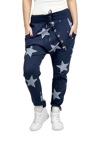 Mississhop 132 Damen Hose Sweatpants Jogginghose Baumwolle Freizeithose Boyfriend Baggy Haremshose Sternen Print mit Gummibund Blau von Mississhop