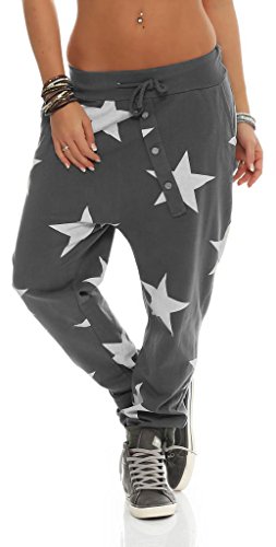 Mississhop 132 Damen Hose Sweatpants Jogginghose Baumwolle Freizeithose Boyfriend Baggy Haremshose Sternen Print mit Gummibund Graphit von Mississhop