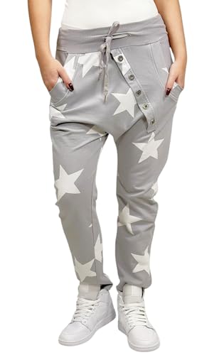 Mississhop 132 Damen Hose Sweatpants Jogginghose Baumwolle Freizeithose Boyfriend Baggy Haremshose Sternen Print mit Gummibund Hellgrau von Mississhop