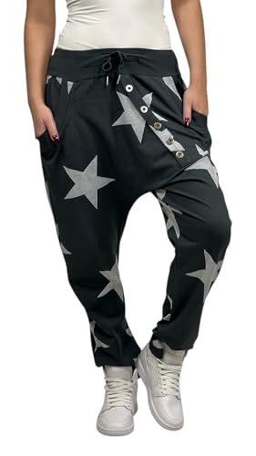 Mississhop 132 Damen Hose Sweatpants Jogginghose Baumwolle Freizeithose Boyfriend Baggy Haremshose Sternen Print mit Gummibund Schwarz von Mississhop